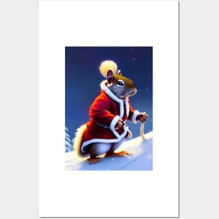 WARM FATHER CHRISTMAS SQUIRREL IN THE SNOW Posters and Art